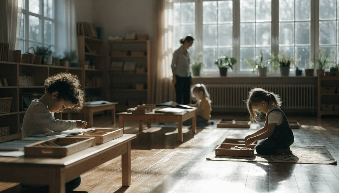 Světlá třída Montessori ráno s pracujícími dětmi